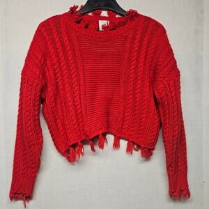 ShoptheMint Red Fringe Crop Sweater Oversized Cable Knit Pullover Size Small